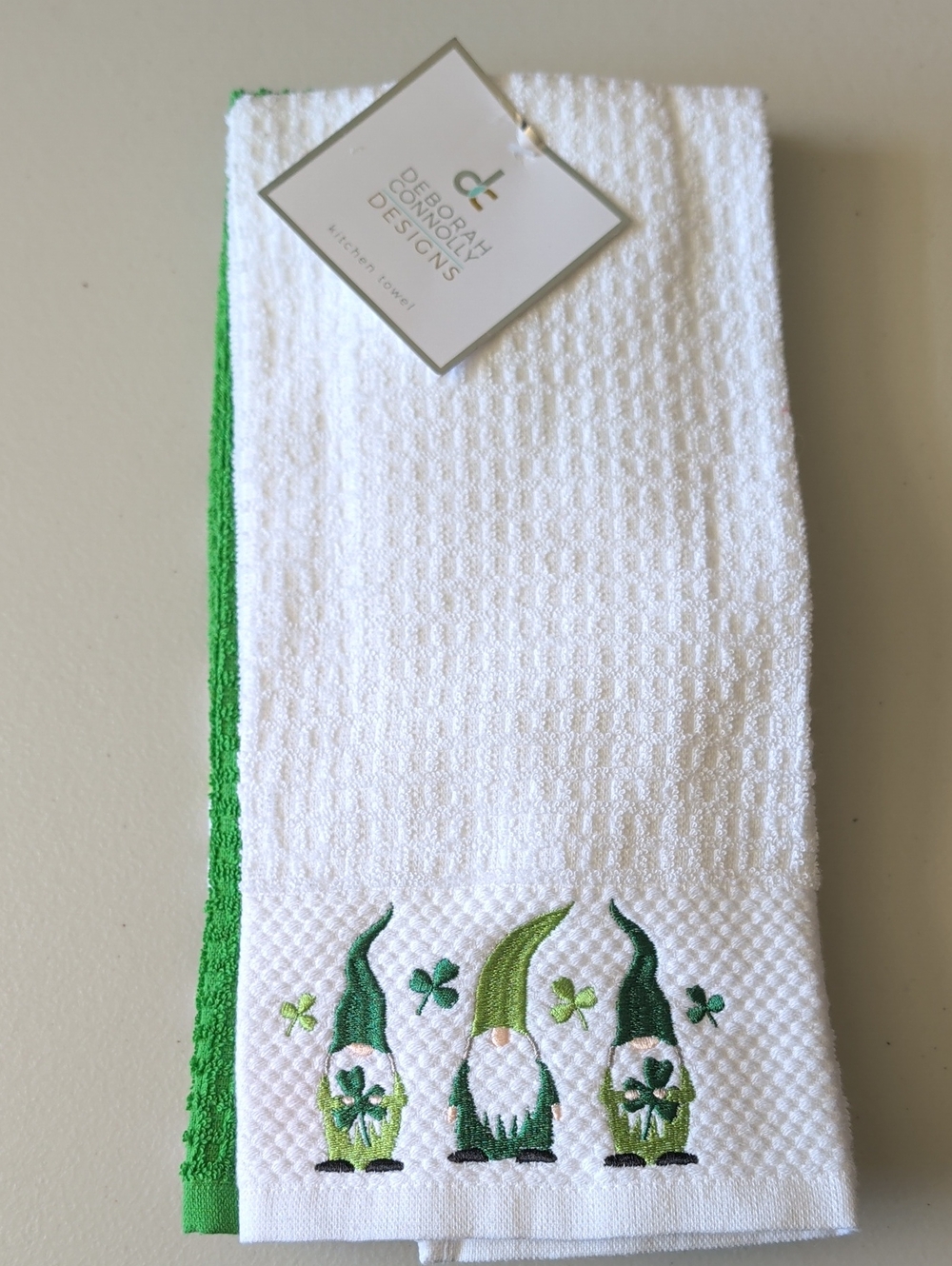 White & Green St. Patrick's Gnome Embroidered Kitchen Towel Set Of 3